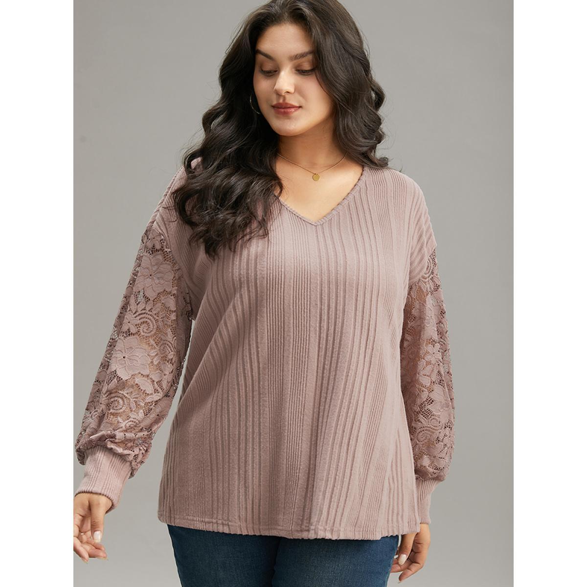 Plus Size Lace Panel V Neck Lantern Sleeve Sweatshirt Women Pink Elegant Elastic cuffs V-neck Dailywear Sweatshirts BloomChic 14-16/1X Product Image