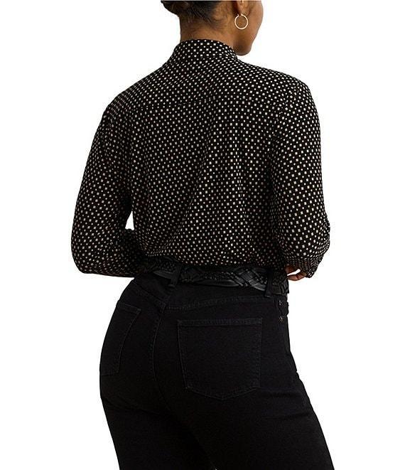 Lauren Ralph Lauren Plus Size Jersey Two-Tone Geometric Collared Long Sleeve Button Front Shirt Product Image