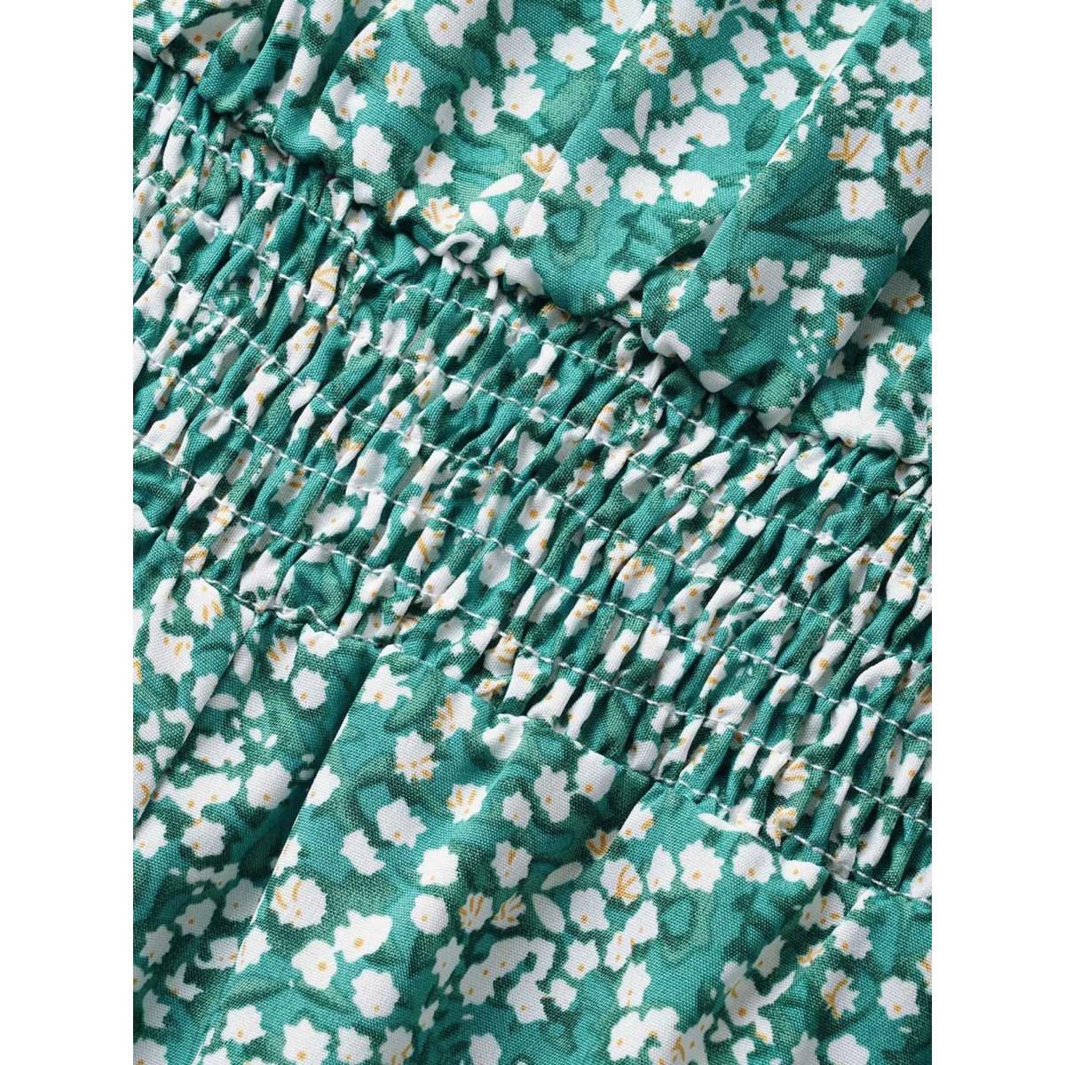 Plus Size Emerald Ditsy Floral Mock Neck Shirred Jumpsuit Women Elegant Sleeveless Mock Neck Everyday Loose Jumpsuits BloomChic 30/6X Product Image