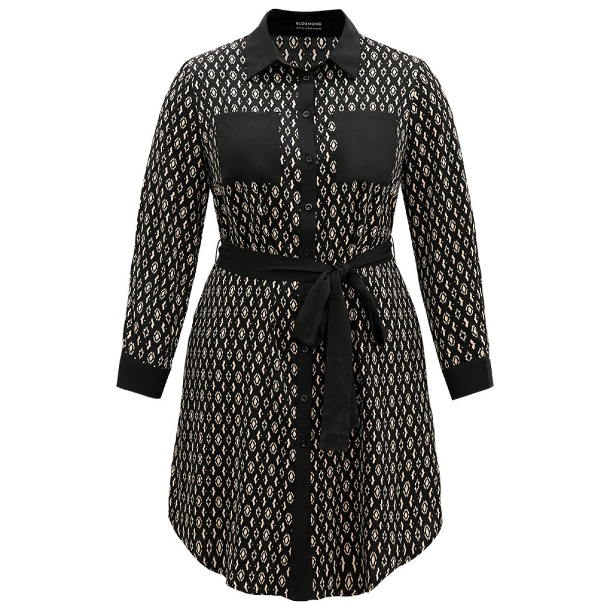 Plus Size Geometric Patched Pocket Arc Hem Dress Black Women Office Belted Shirt collar Long Sleeve Curvy Midi Dress BloomChic 10/M Product Image