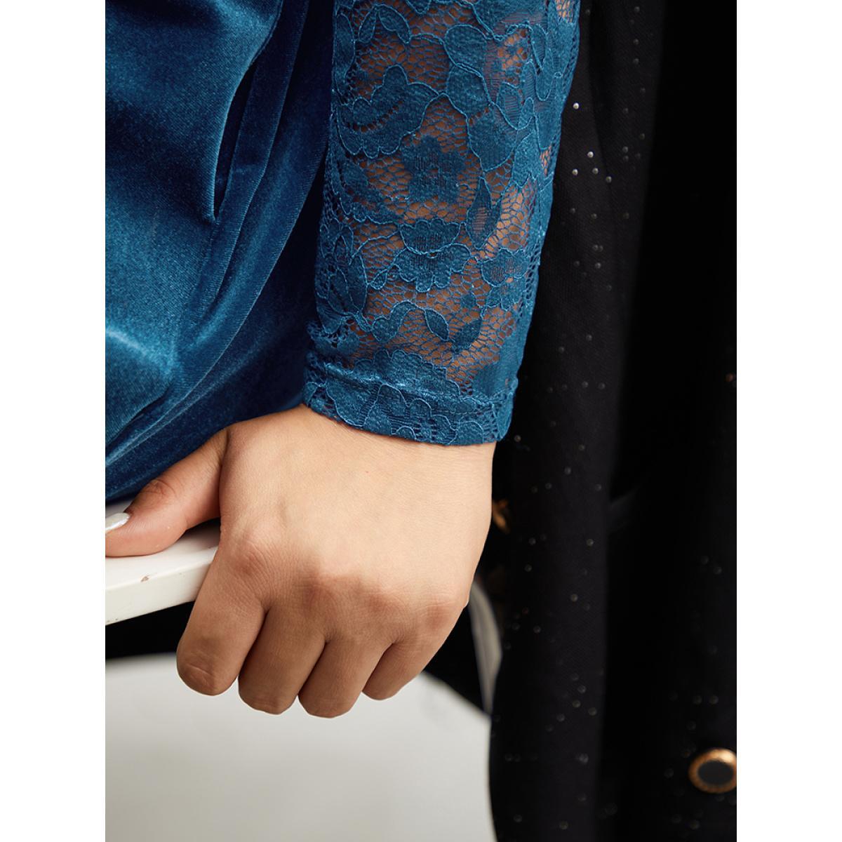 Plus Size Velvet Guipure Lace Wrap Dress Aegean Women Glamour Wrap Overlap Collar Long Sleeve Curvy Knee Dress BloomChic 26/4X Product Image