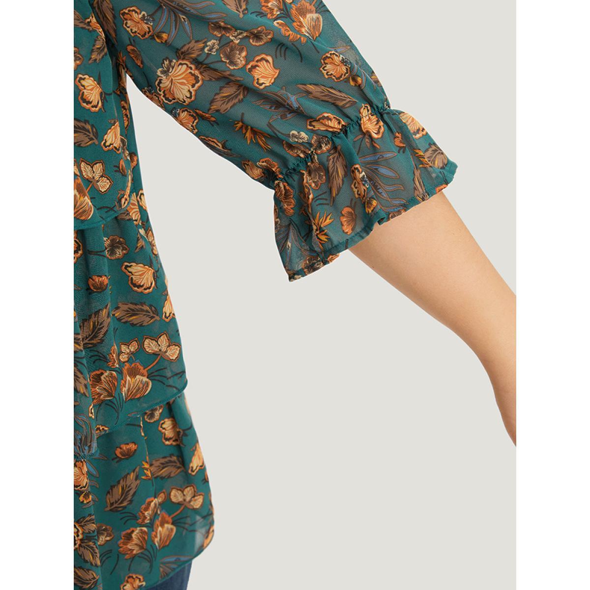 Plus Size Cyan Floral Print Square Neck Layered Ruffle Trim Blouse Women Office Half Sleeve Square Neck Dailywear Blouses BloomChic 10/M Product Image