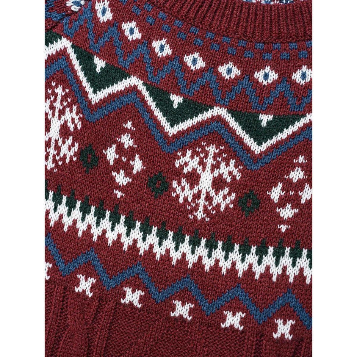 Plus Size Festive Fair Isle Cable Knit Pullover Deepred Women Casual Loose Long Sleeve Round Neck Everyday Pullovers BloomChic 10/M Product Image