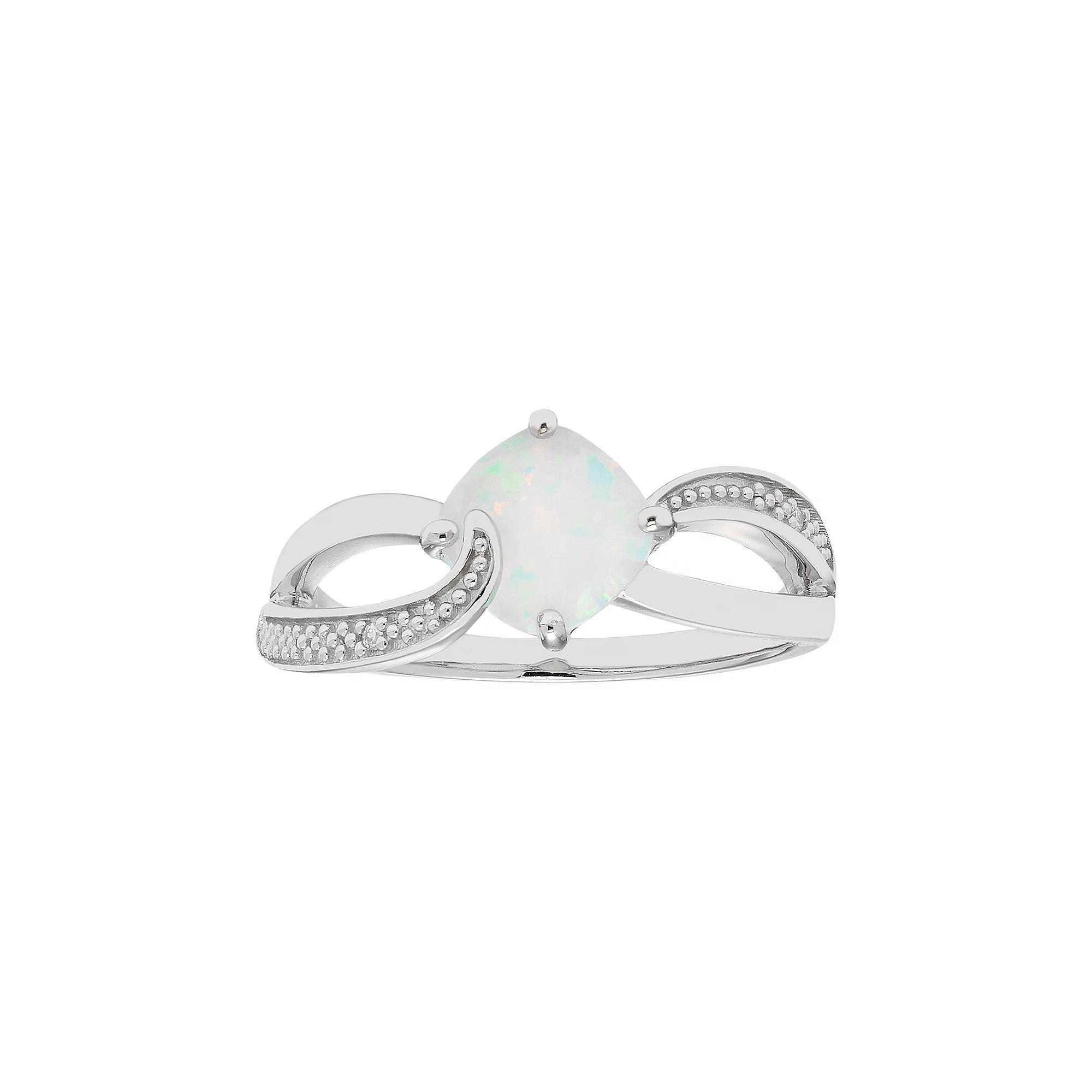 Sterling Silver Lab Created Opal & Diamond Accent Cushion Bypass Ring, Women's, Size: 9, White Product Image