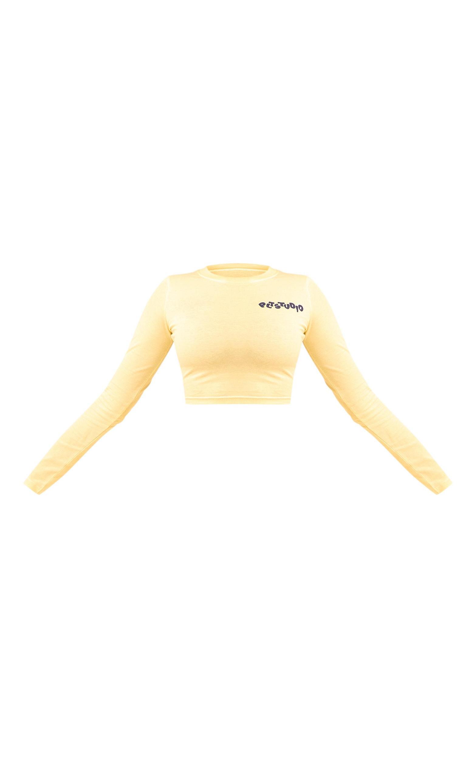 Butter Yellow PLT Studio Archive Puff Print Cotton Long Sleeve Crop Top Product Image