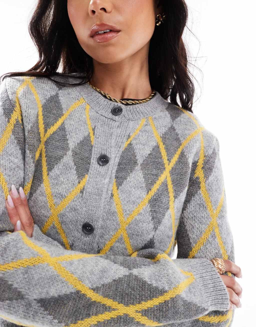 Miss Selfridge crew neck argyle cardigan Product Image