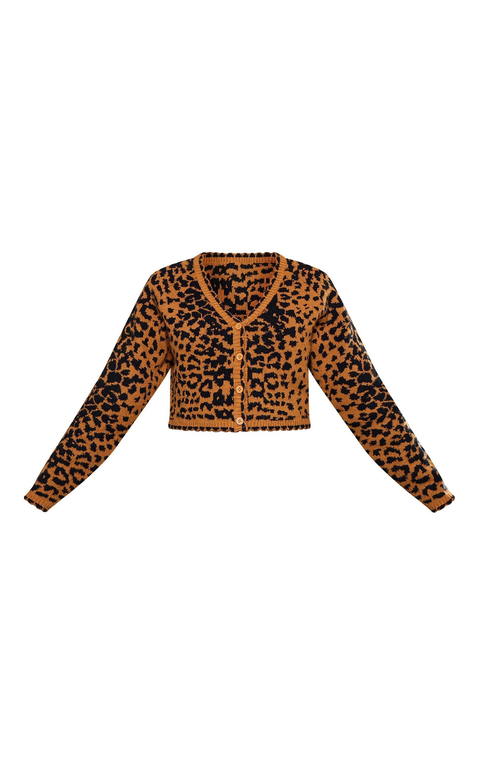 Beige Knit Jacquard Leopard Cropped Cardigan Product Image