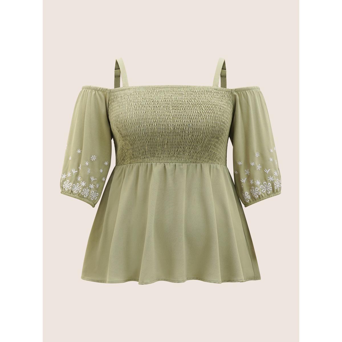 Plus Size Mint Floral Embroidered Shirred Off Shoulder Blouse Women Resort Half Sleeve One-shoulder neck Vacation Blouses BloomChic 12/L Product Image