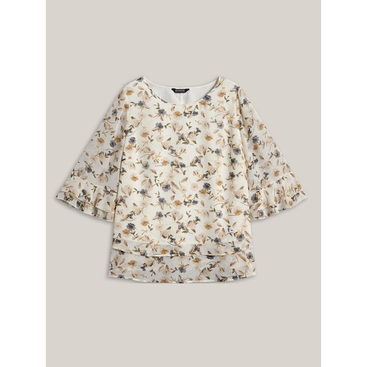 Plus Size Ivory Chiffon Floral Print Layered Blouse Women Elegant Elbow-length sleeve Round Neck Everyday Blouses BloomChic 22-24/3X Product Image