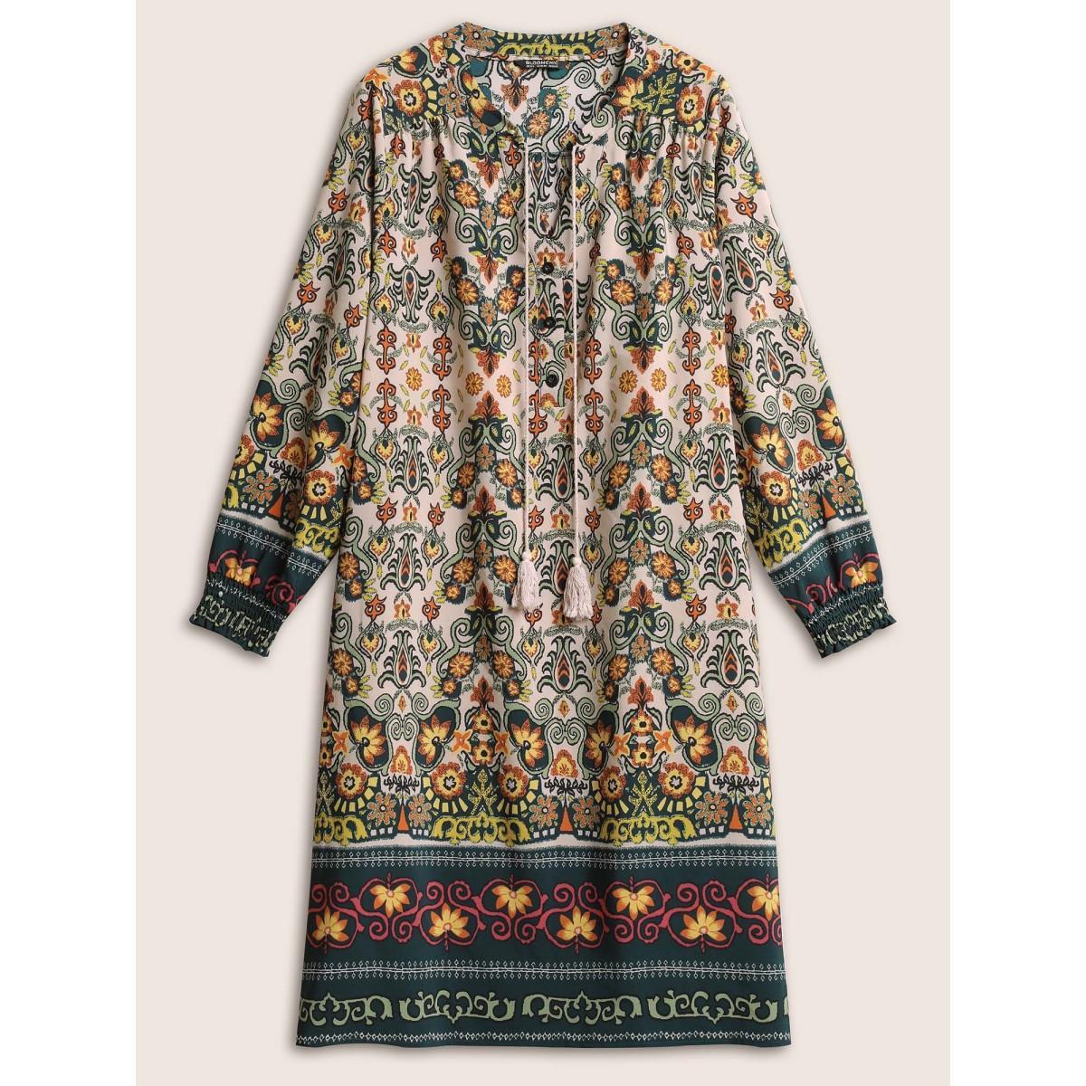 Plus Size Bandana Print Tassels Ties Shirred Cuffs Dress DarkGreen Women Vacation Tassels Tie Neck Long Sleeve Curvy Midi Dress BloomChic 30/6X Product Image