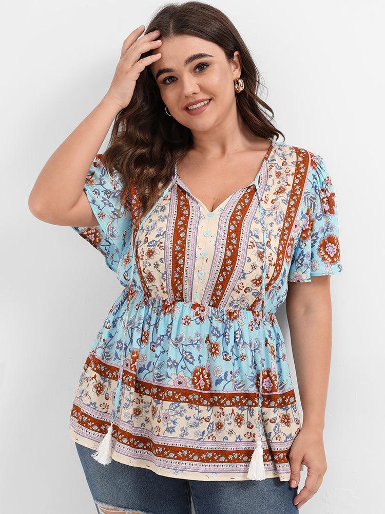Floral Ruffled Ties V Neck Blouse Female Product Image
