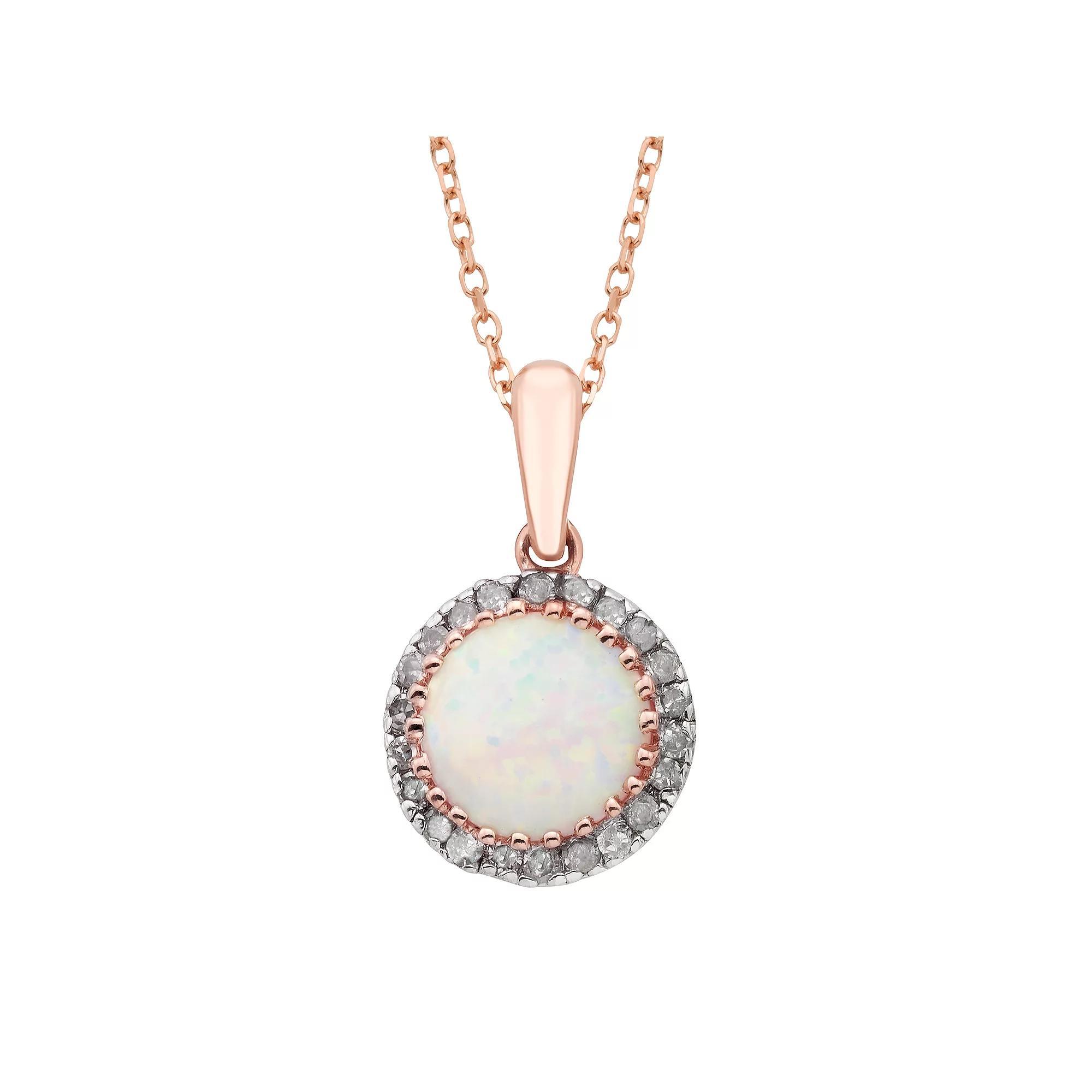 Lab-Created Opal & 1/8 Carat T.W. Diamond 10k Rose Gold Pendant Necklace, Womens Pink Product Image
