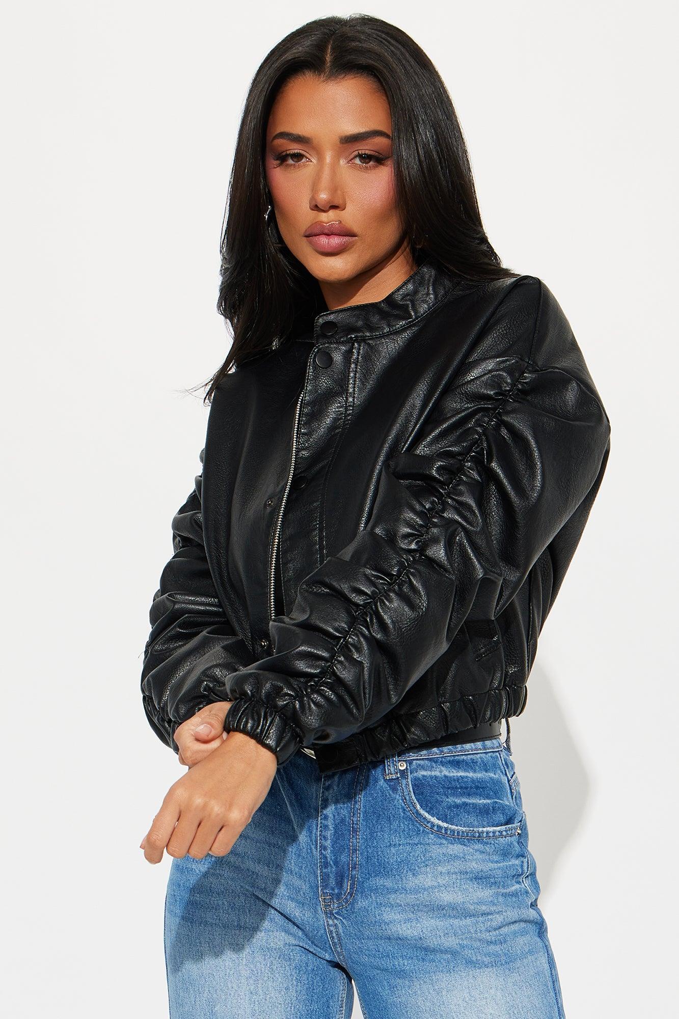 Chloe Ruched Faux Leather Bomber Jacket - Black Product Image