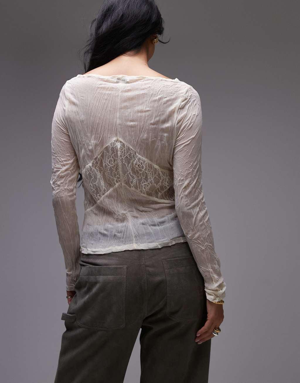 Topshop crinkle lace mix long sleeve top in ecru Product Image