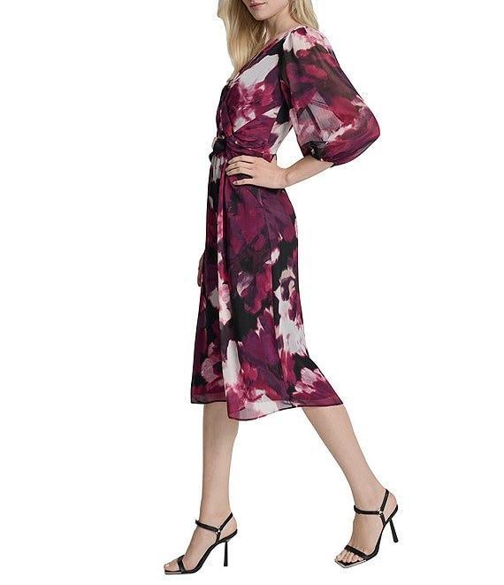 DKNY by Donna Karan Chiffon Floral Print Bubble Sleeve Midi Dress Product Image