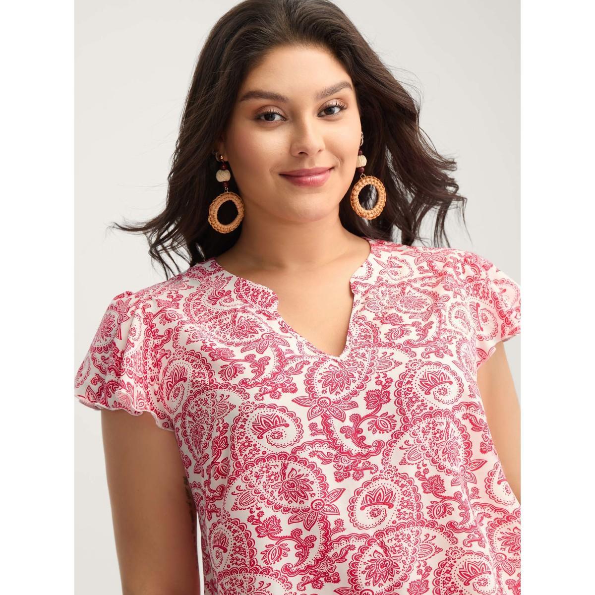 Plus Size Raspberry Paisley Print Notched Collar Blouse Women Cap Sleeve Flat collar with V-notch Vacation Blouses BloomChic 14-16/1X Product Image