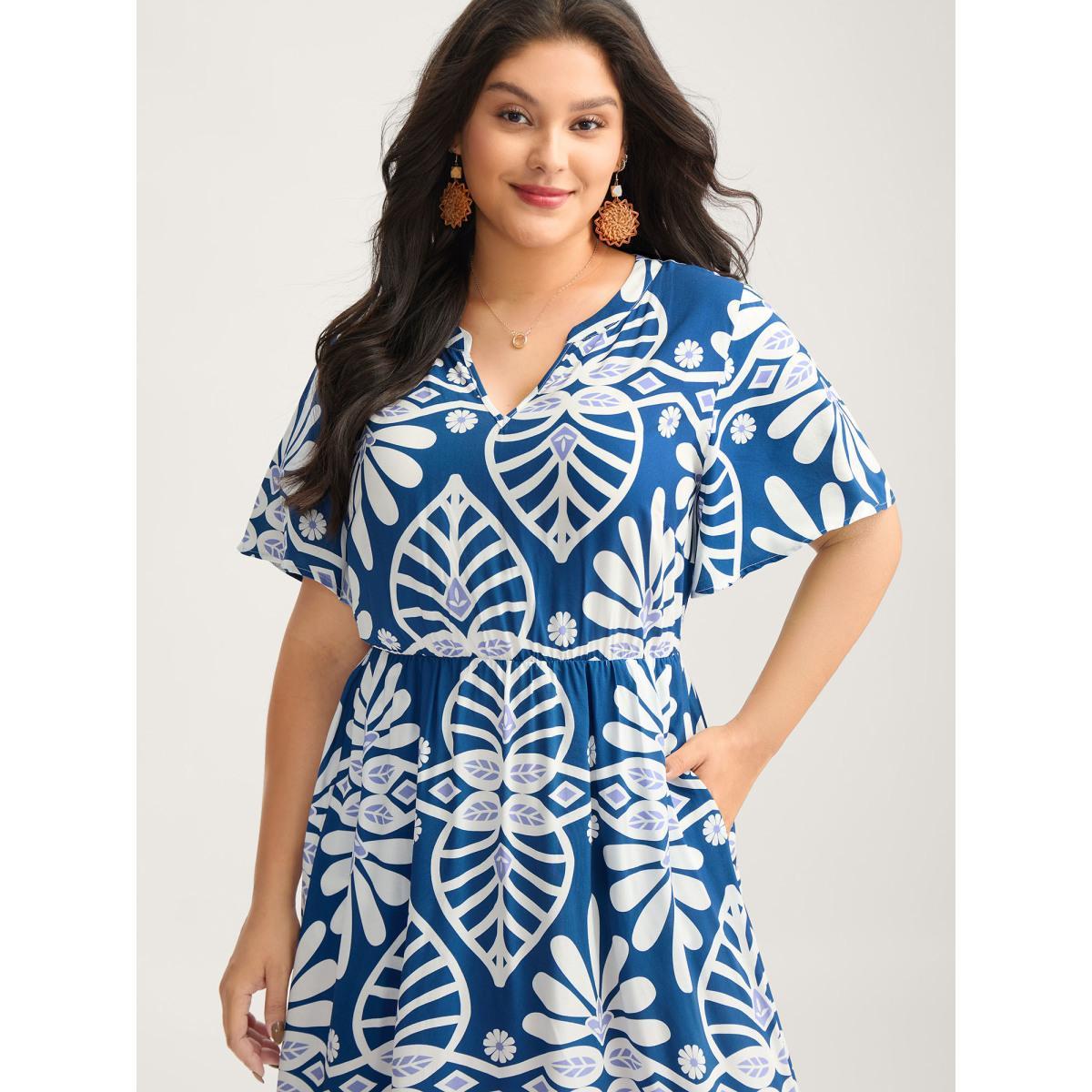 Plus Size Rayon Ornate Print Cinched-Waist Midi Dress Indigo Women V-neck Short sleeve Curvy BloomChic 14-16/1X Product Image