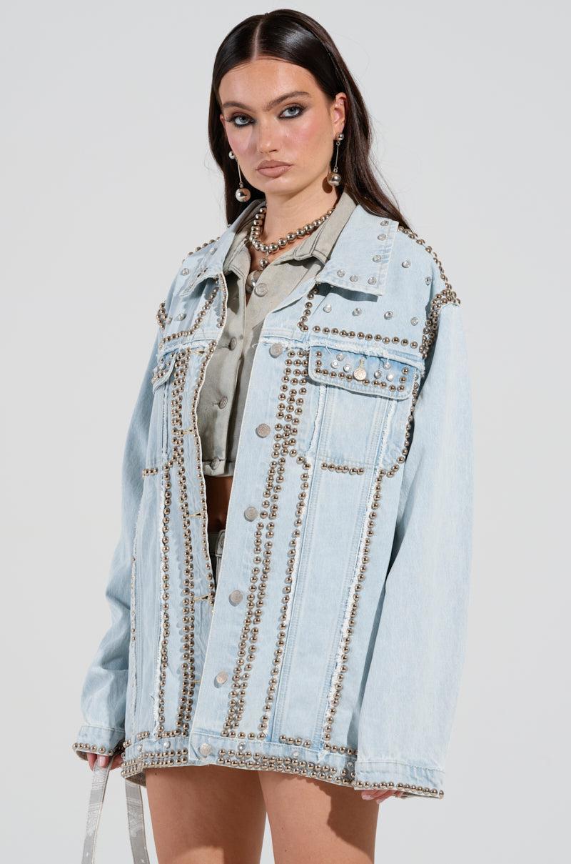 GAME TIME EMBELLISHED LONGLINE DENIM JACKET Product Image