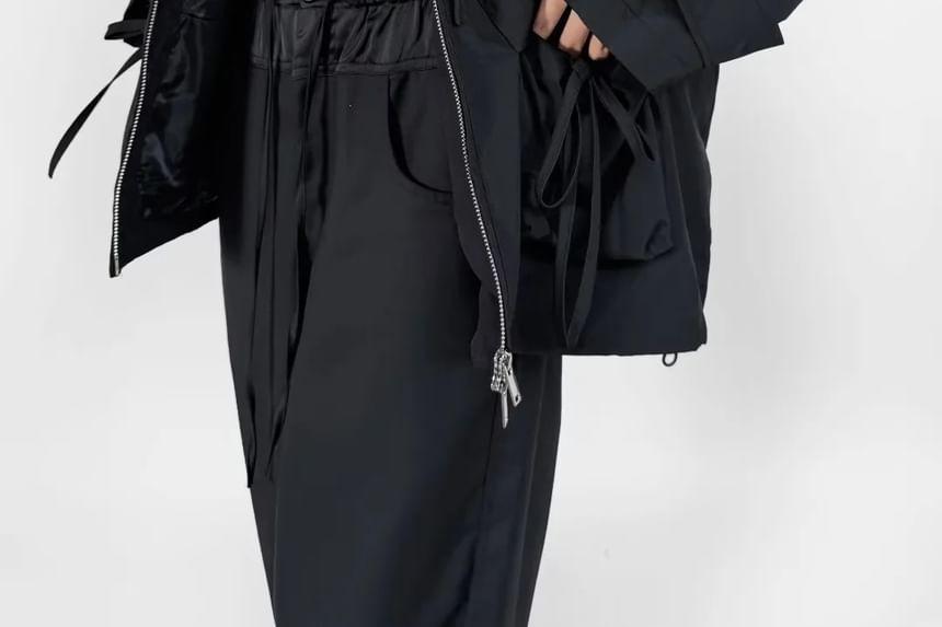 Stand Collar Plain Drawstring Zip Jacket Product Image