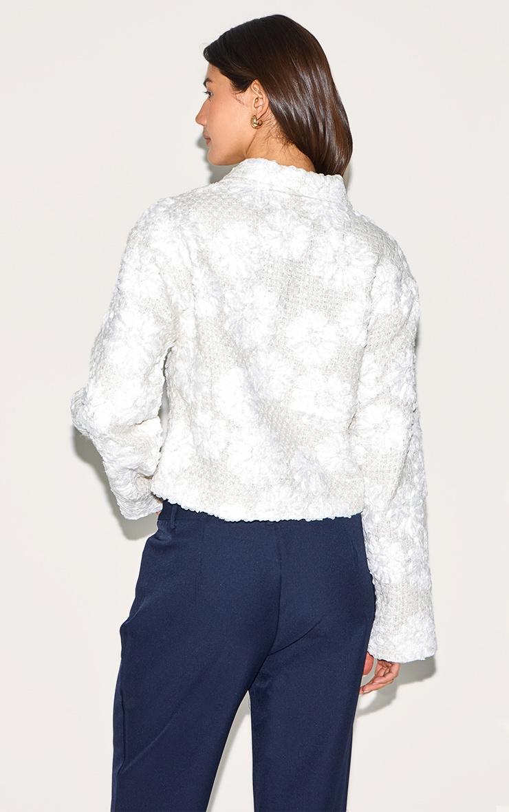 White Floral Detail Boxy Zip Up Jacket Product Image