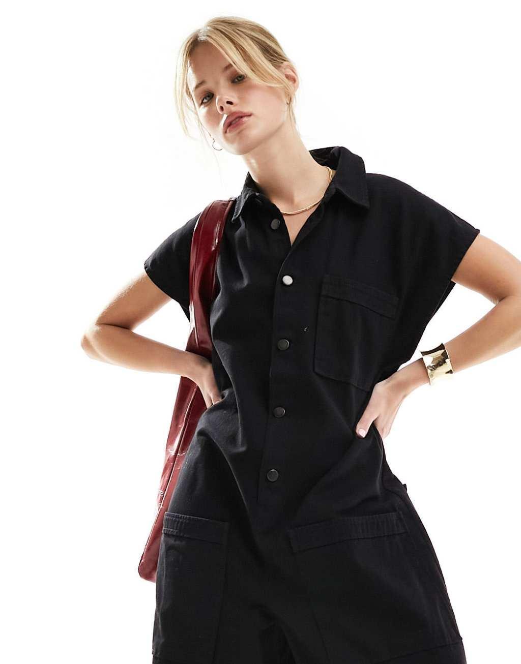 ASOS DESIGN grown on sleeve boiler suit with dropped pockets in black Product Image