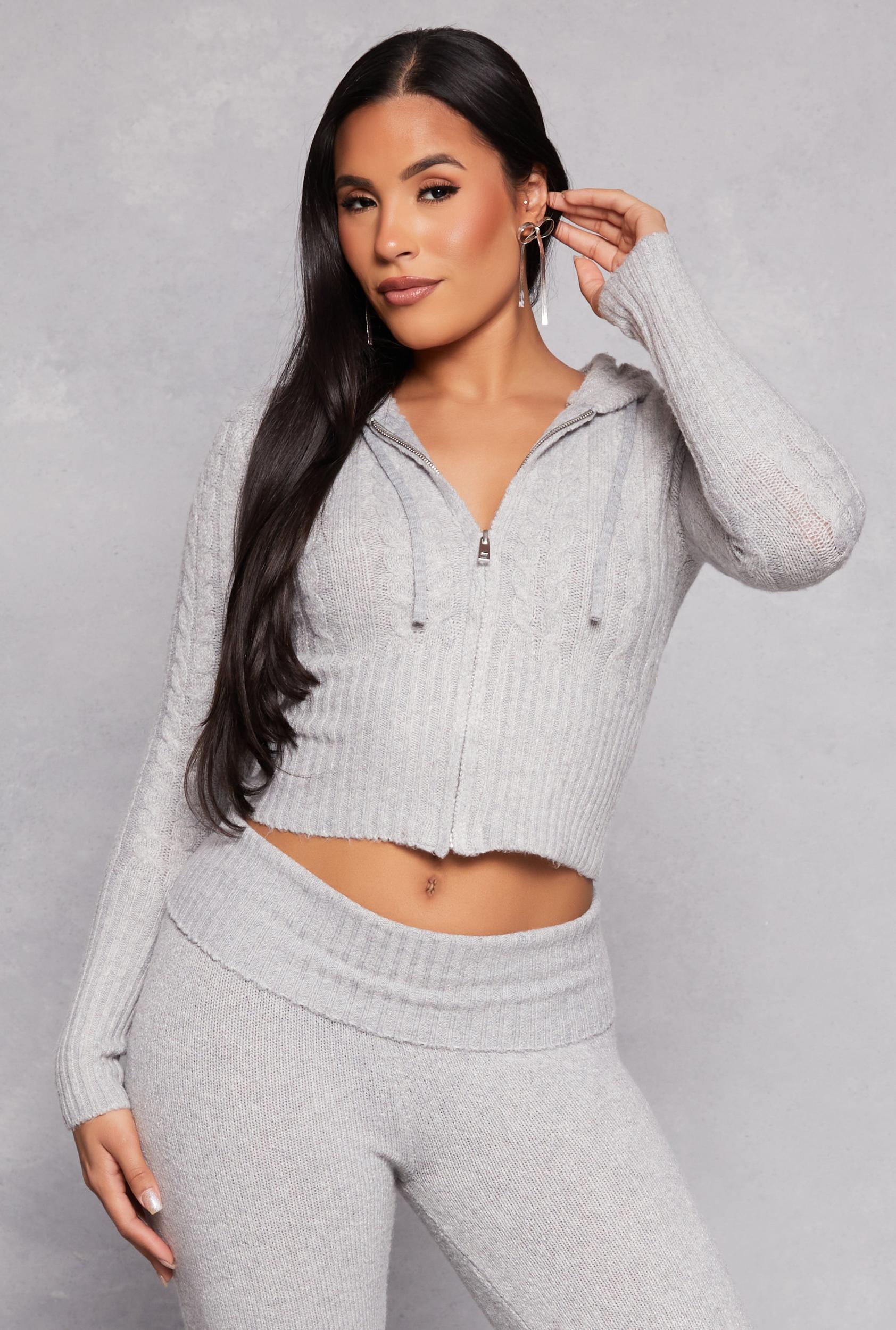 Womens Almost Famous Cable Knit Zip Front Hoodie Product Image
