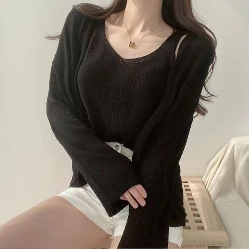 Set: V-Neck Plain Knit Crop Tank Top + Cardigan Product Image