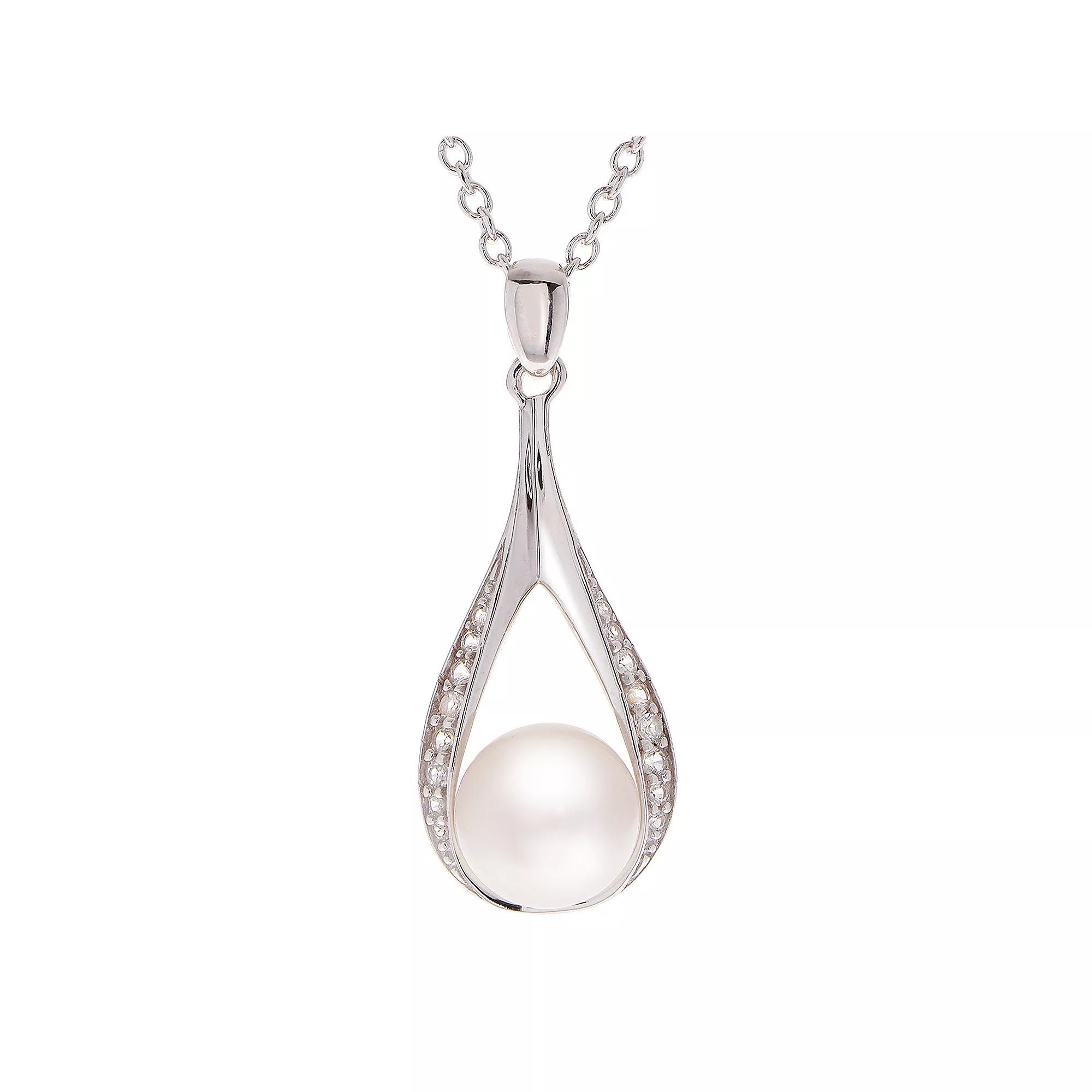 Sterling Silver Freshwater Cultured Pearl and White Topaz Teardrop Pendant, Womens Product Image