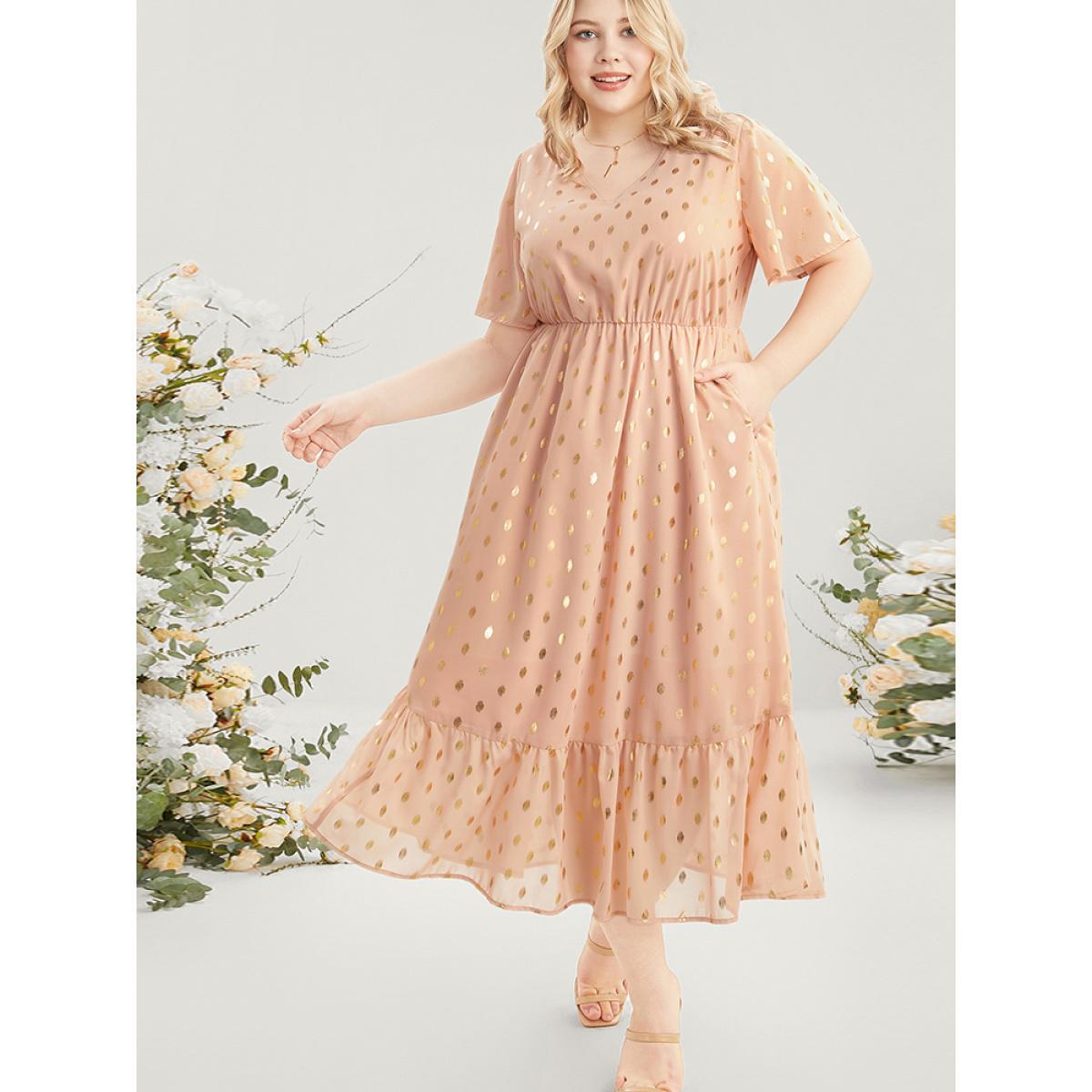 Plus Size Polka Dot V Neck Pocket Ruffle Hem Maxi Dress Rouge Women Elegant Elastic Waist V-neck Short sleeve Curvy Long Dress BloomChic 26/4X Product Image