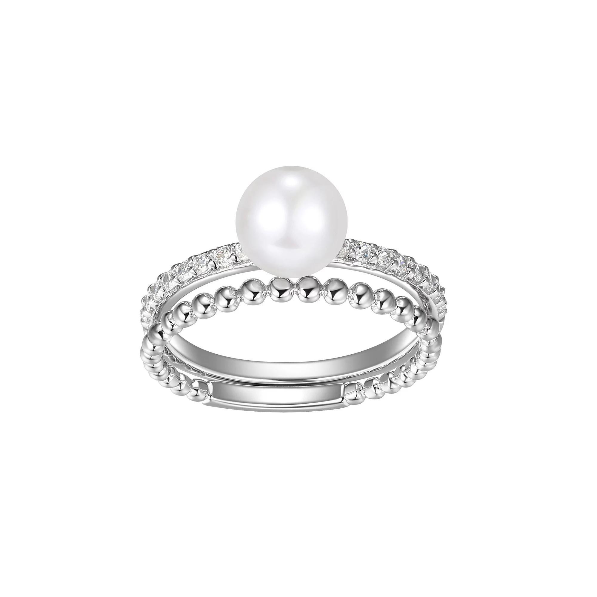 Sterling Silver Genuine Cultured Pearl & Cubic Zirconia Beaded Ring Set, Women's, Size: 9 Product Image