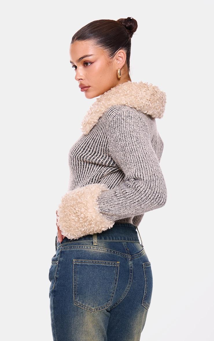 Indigo Fur Trim Detail Double Zip Cardigan Product Image