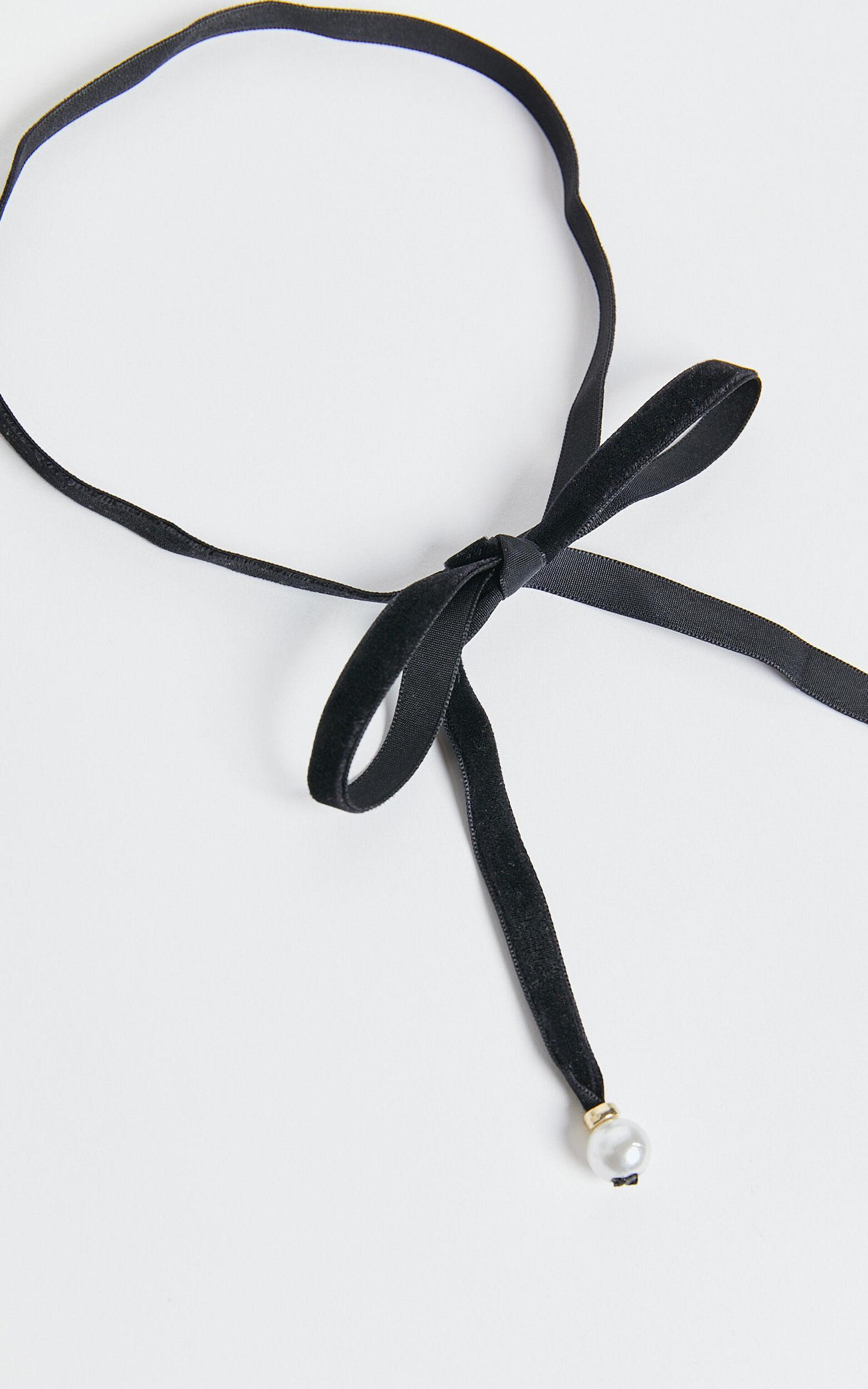 Lovell Necklace - Velvet Pearl Pendant Tie Necklace in Black Product Image