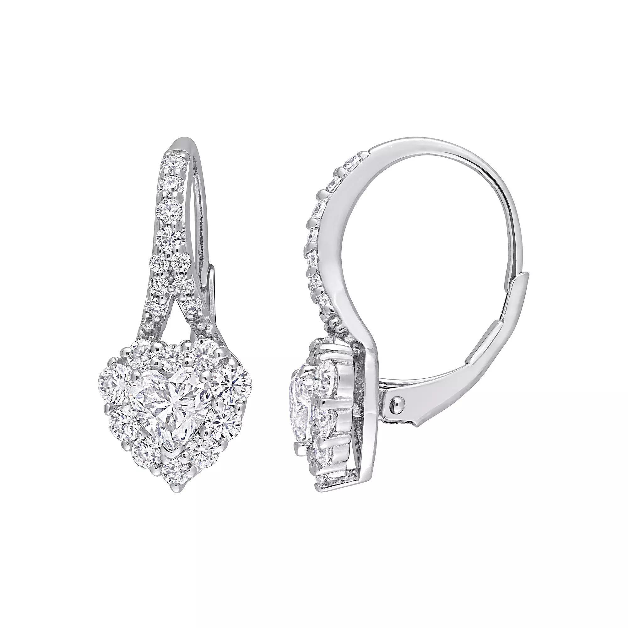 Stella Grace Sterling Silver 2 Carat T.W. Lab-Created Moissanite Heart Halo Leverback Earrings, Womens Product Image