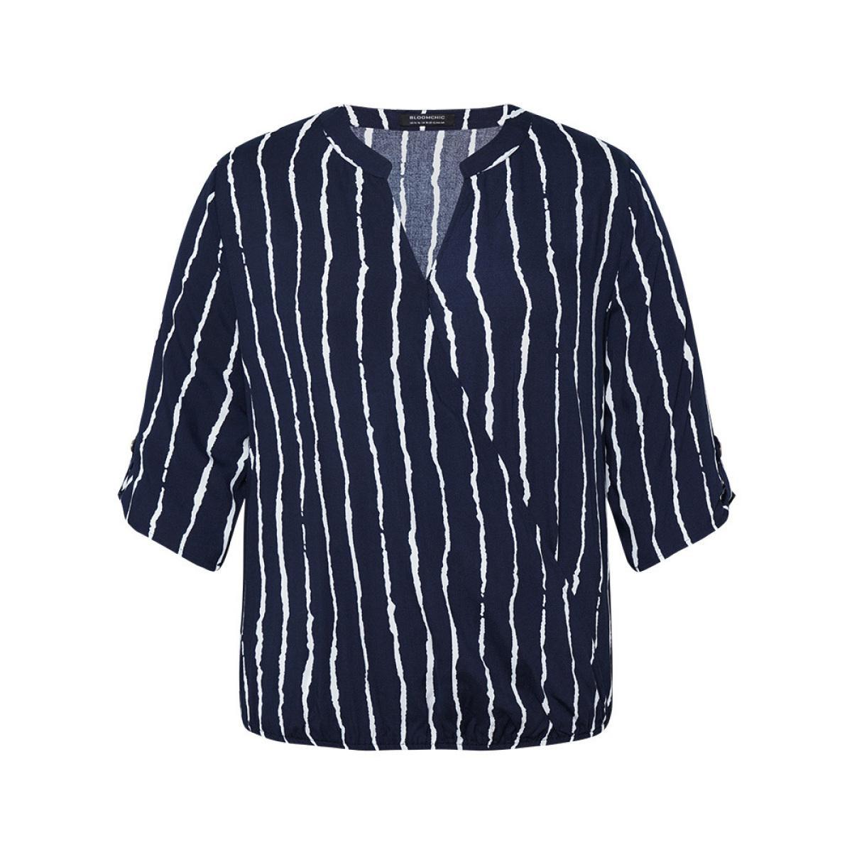Plus Size Multicolor Striped Notched Three Quater Length Sleeve Blouse Women Office Elbow-length sleeve Notched collar Work Blouses BloomChic 12/L Product Image