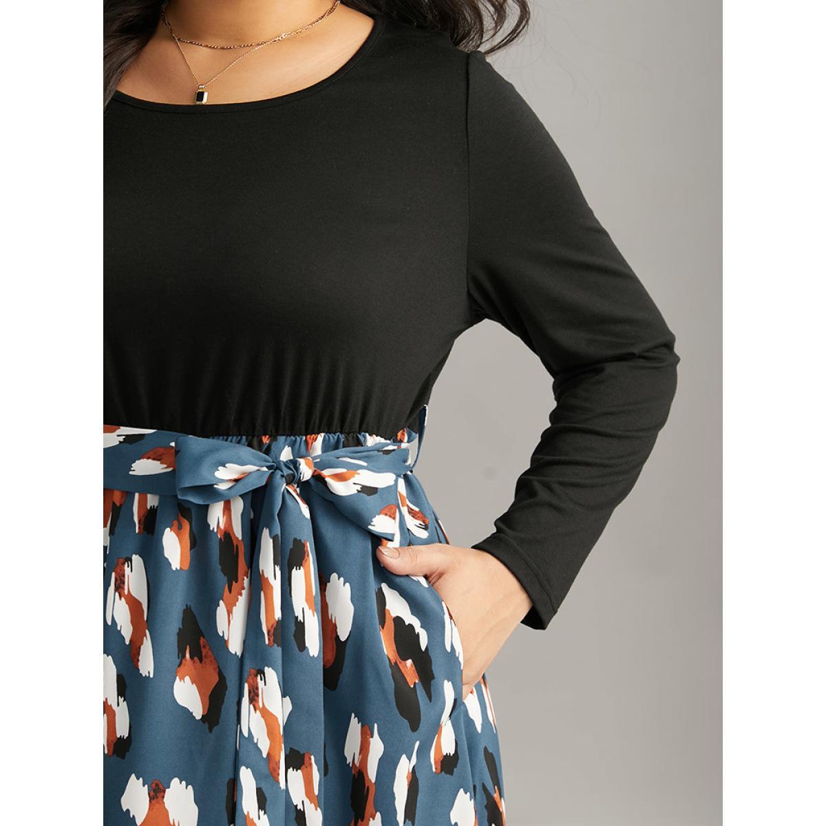 Plus Size Allover Print Patchwork Belted Pocket Dress Black Women Office Printed Round Neck Long Sleeve Curvy Midi Dress BloomChic 26/4X Product Image