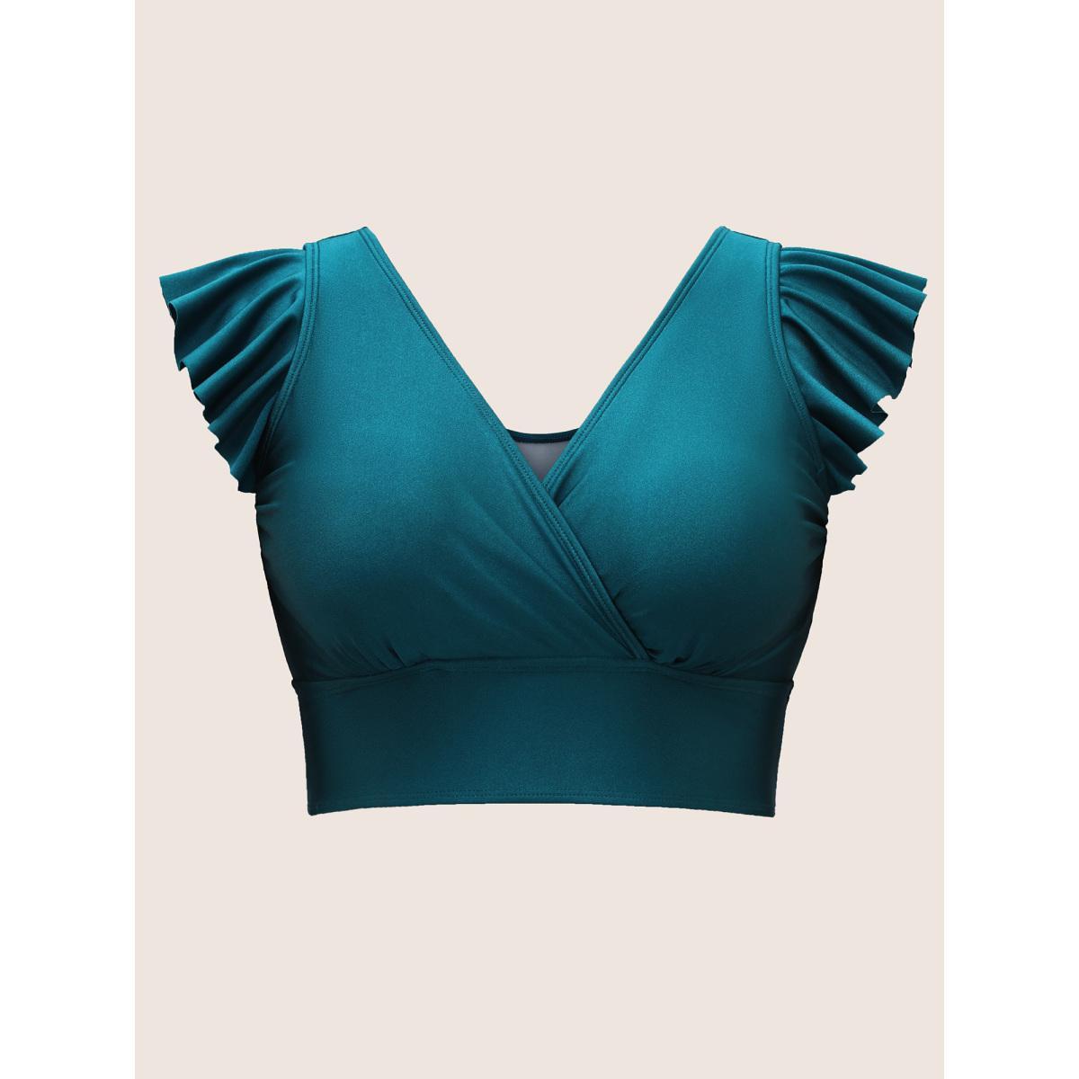 Plus Size Solid Wrap Ruffle Cap Sleeve Swim Top Women's Swimwear Cyan Beach Pleated High stretch Skinny Overlap Collar Curve Swim Tops BloomChic 10/M Product Image