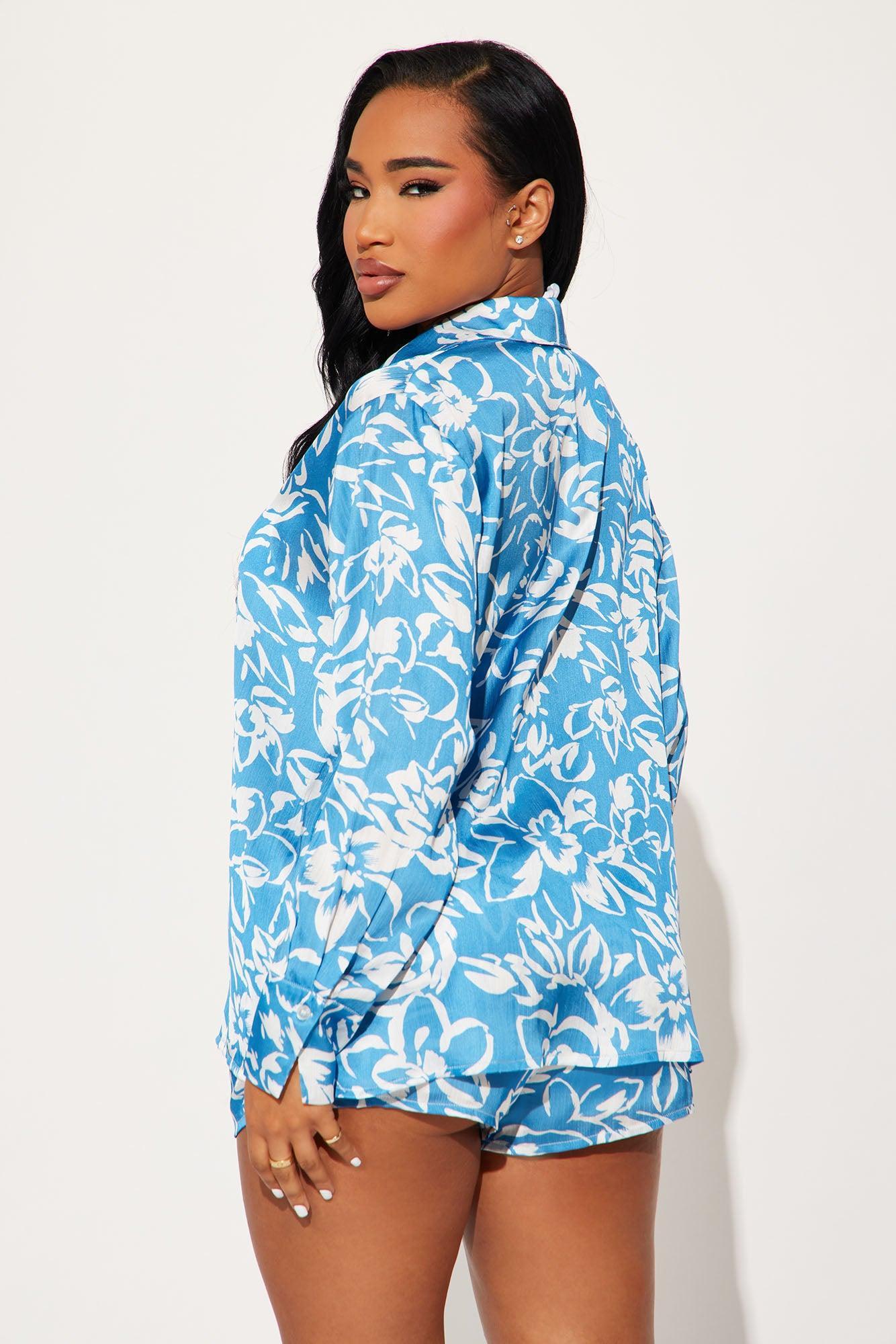 Arianna Floral Satin Short Set - Blue/combo Product Image
