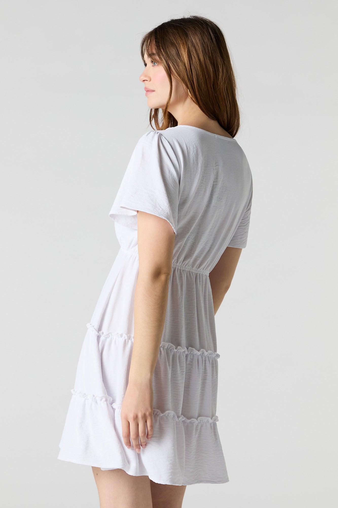 Button Front Short Sleeve Tiered Mini Dress Female Product Image