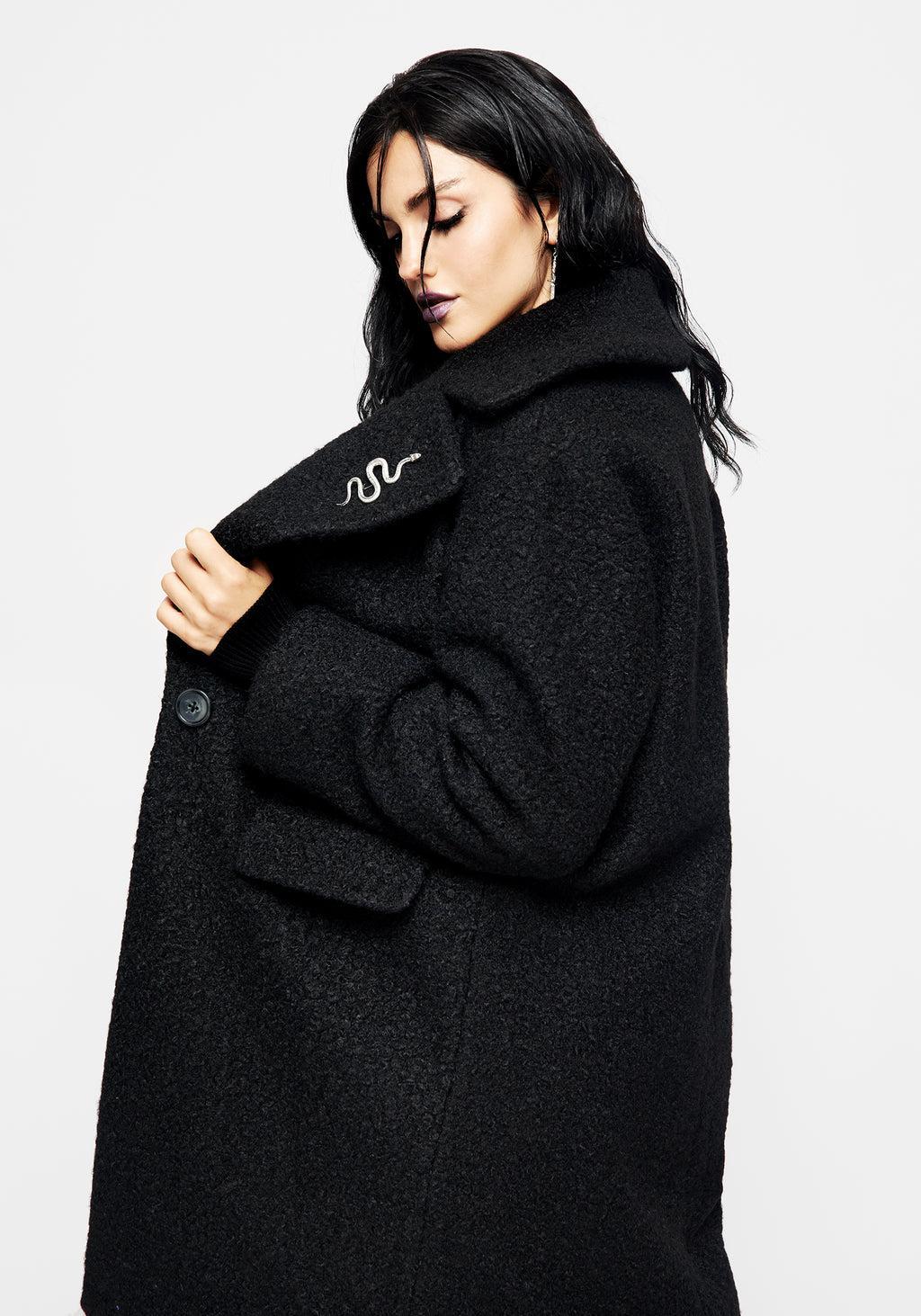 Gorgon Bouclé Oversized Coat with Snake Brooch - Black Product Image