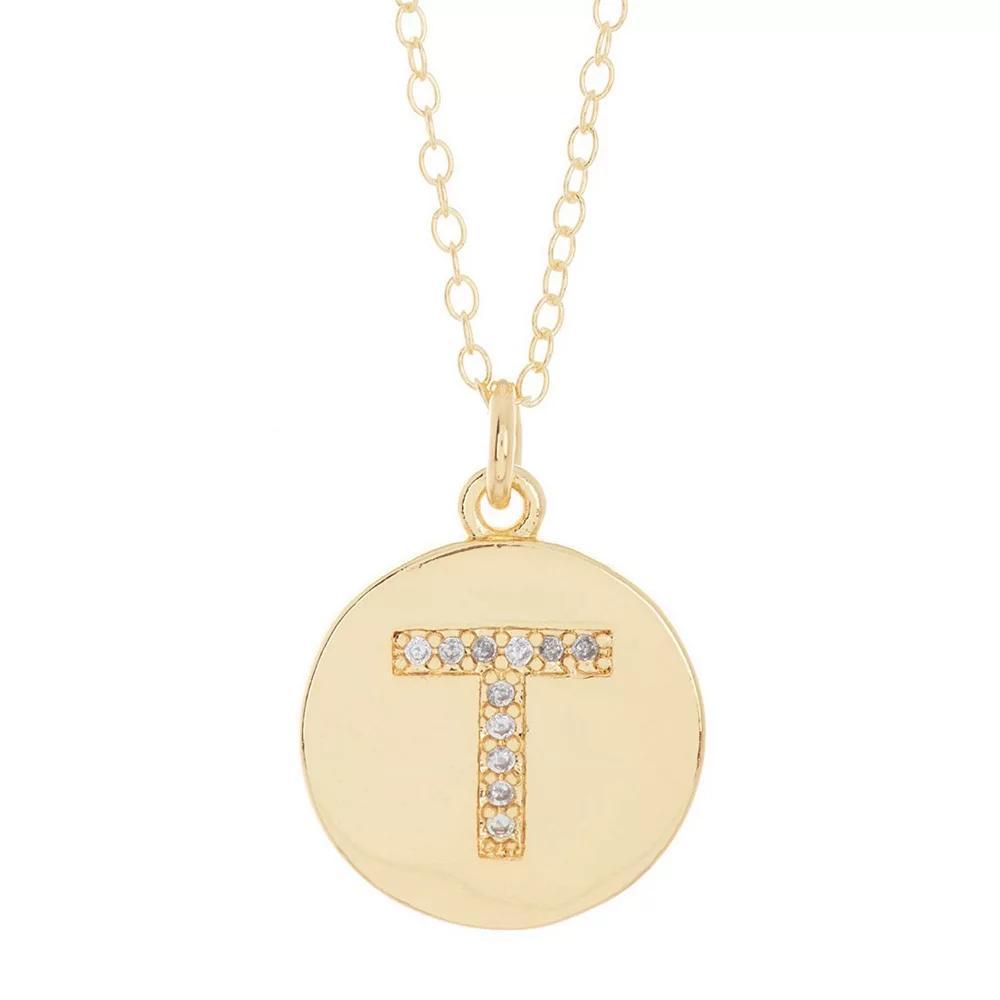 Adornia 14k Gold Plated Cubic Zirconia Engraved Letter Disc Pendant Necklace, Women's, Size: 18", Gold Tone T Product Image