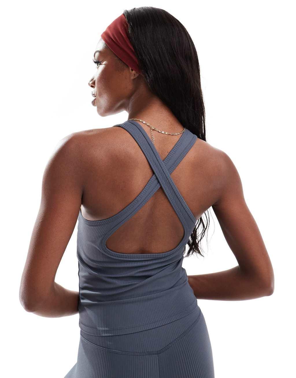 4505 active rib knit cross back tank top with shelf bra in navy  Product Image