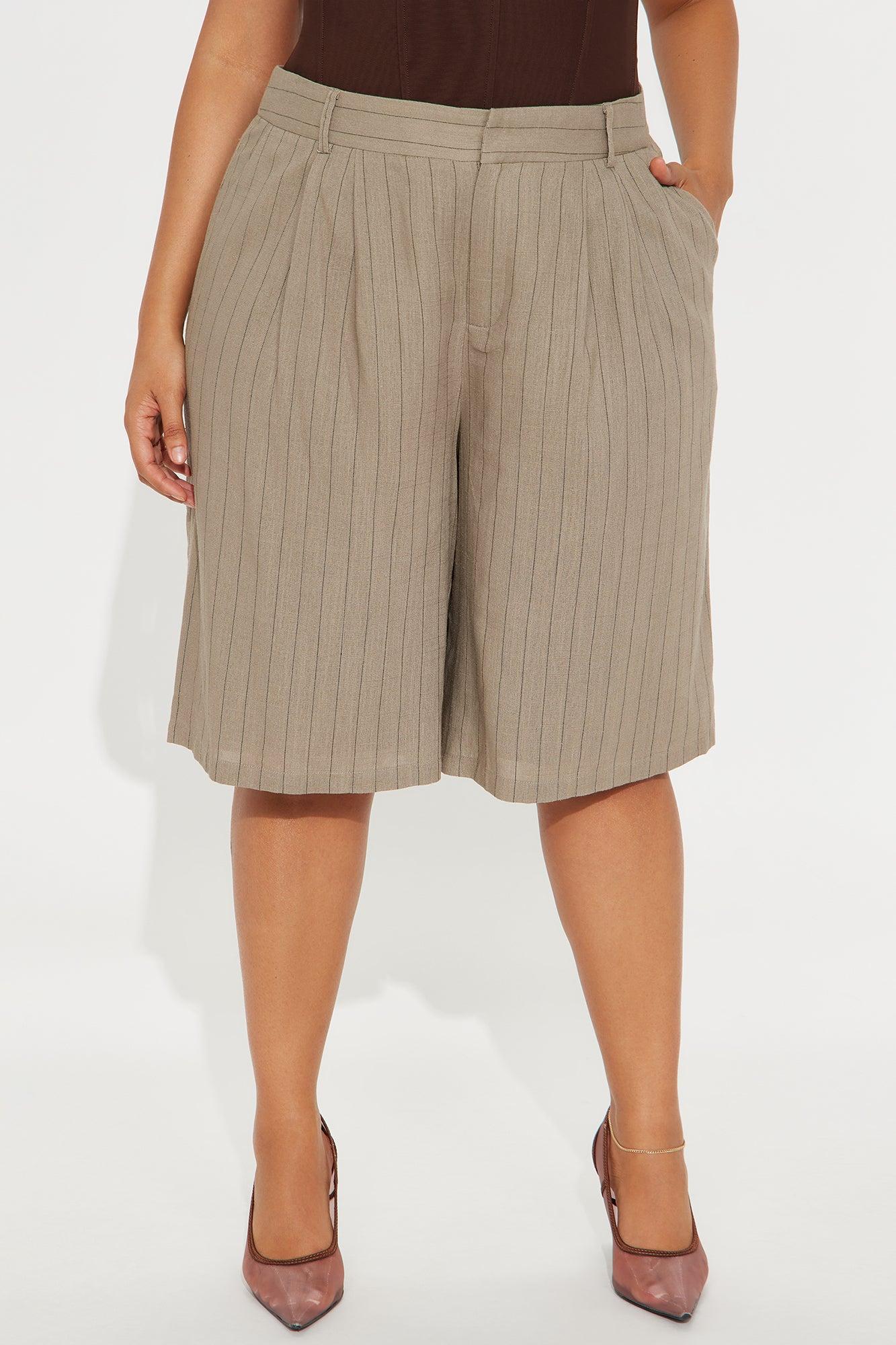 Penelope Pinstripe Linen Trouser Short - Mocha Product Image