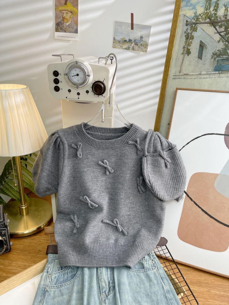 Set: Short-Sleeve Crew Neck Plain Bow Accent Crop Knit Top + Handbag Product Image