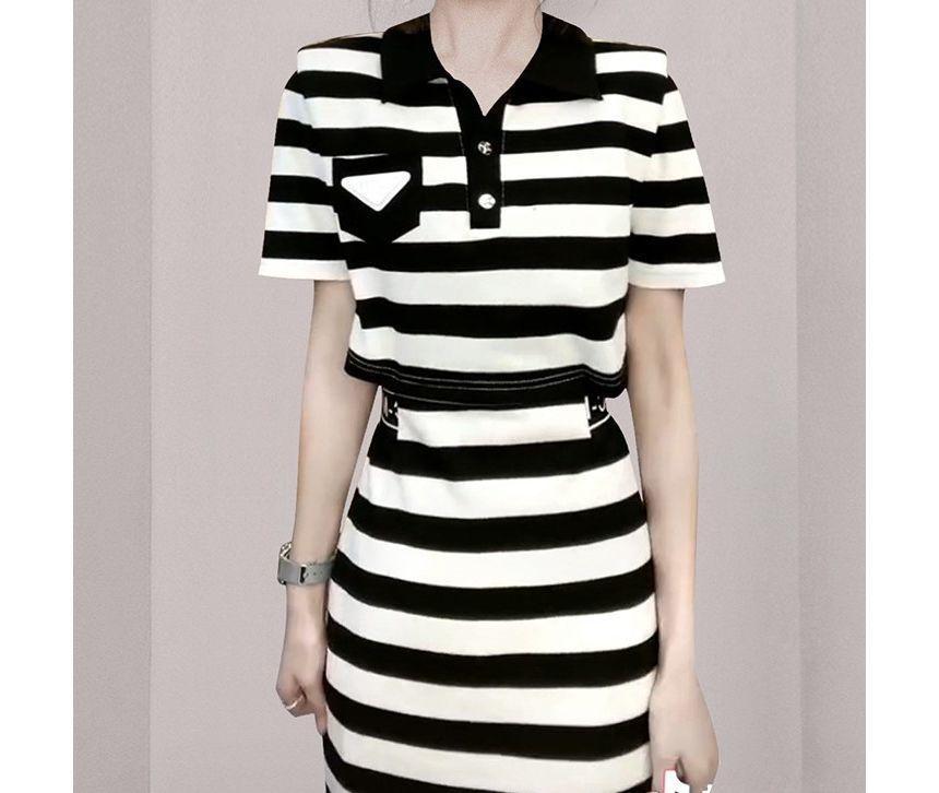 Short-Sleeve Striped Mock Two Piece Mini A-Line Polo Dress Product Image