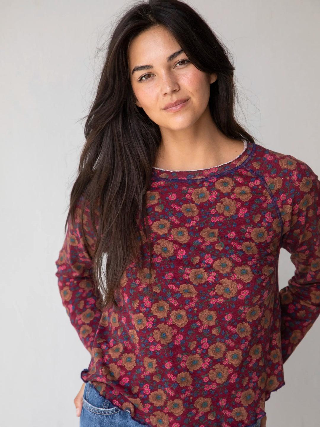 Lily Cotton Long Sleeve Tee Shirt - Dark Blue Garden Product Image