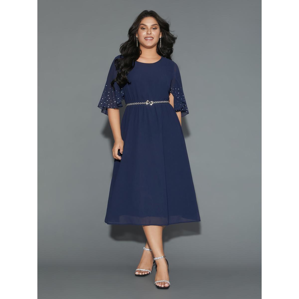 Plus Size Rhinestone Elastic Waist Ruffle Sleeve Dress Navy Women Cocktail Rhinestone detailing Party Curvy Bloomchic 14-16/1X Product Image