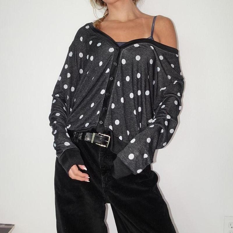 Long Sleeve Cold-Shoulder Dotted Loose-Fit Cardigan Product Image