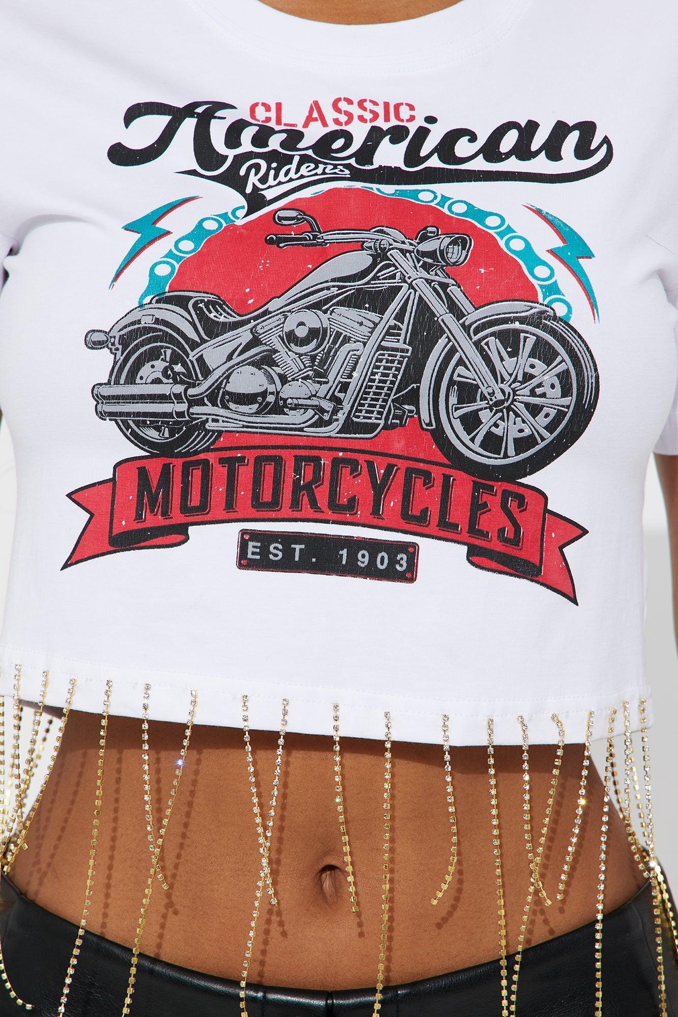 All American Moto Rhinestone Fringe Tee - White Product Image