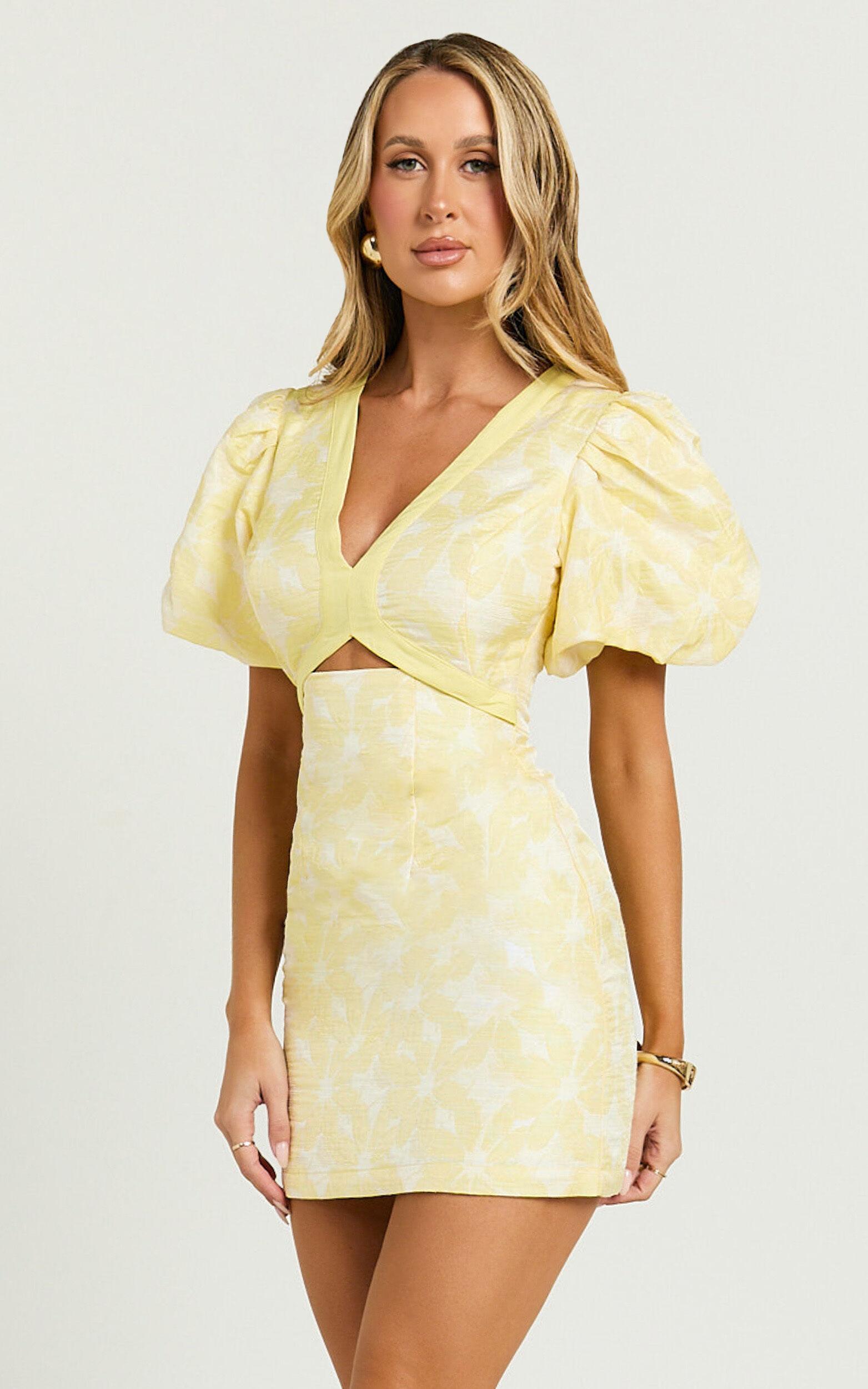 Diana Mini Dress - Jacquard Short Sleeve Cut Out Dress in Lemon Product Image