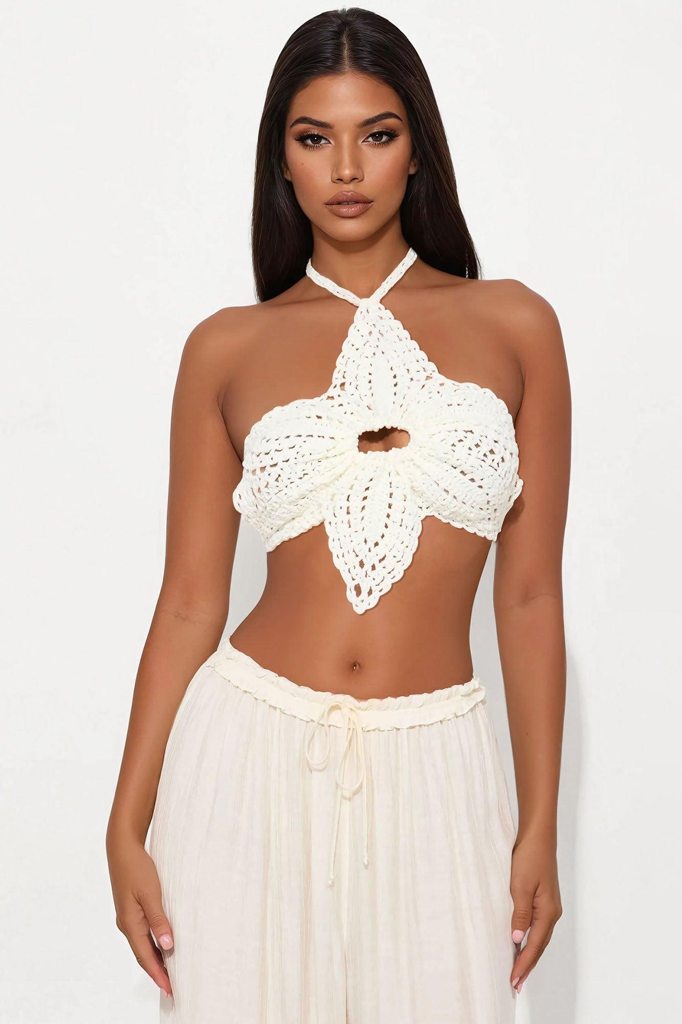 Wildflower Bliss Crochet Halter Top - Ivory Product Image